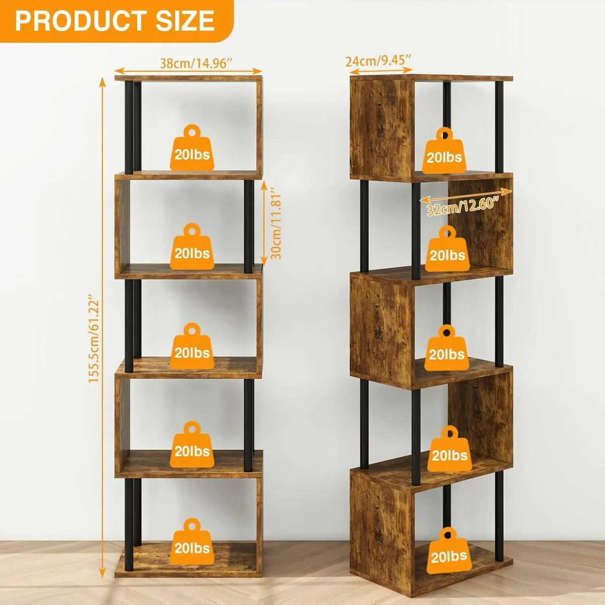6-Tier Tall Bookshelf S-Shaped Geometric Bookcase - Image 3