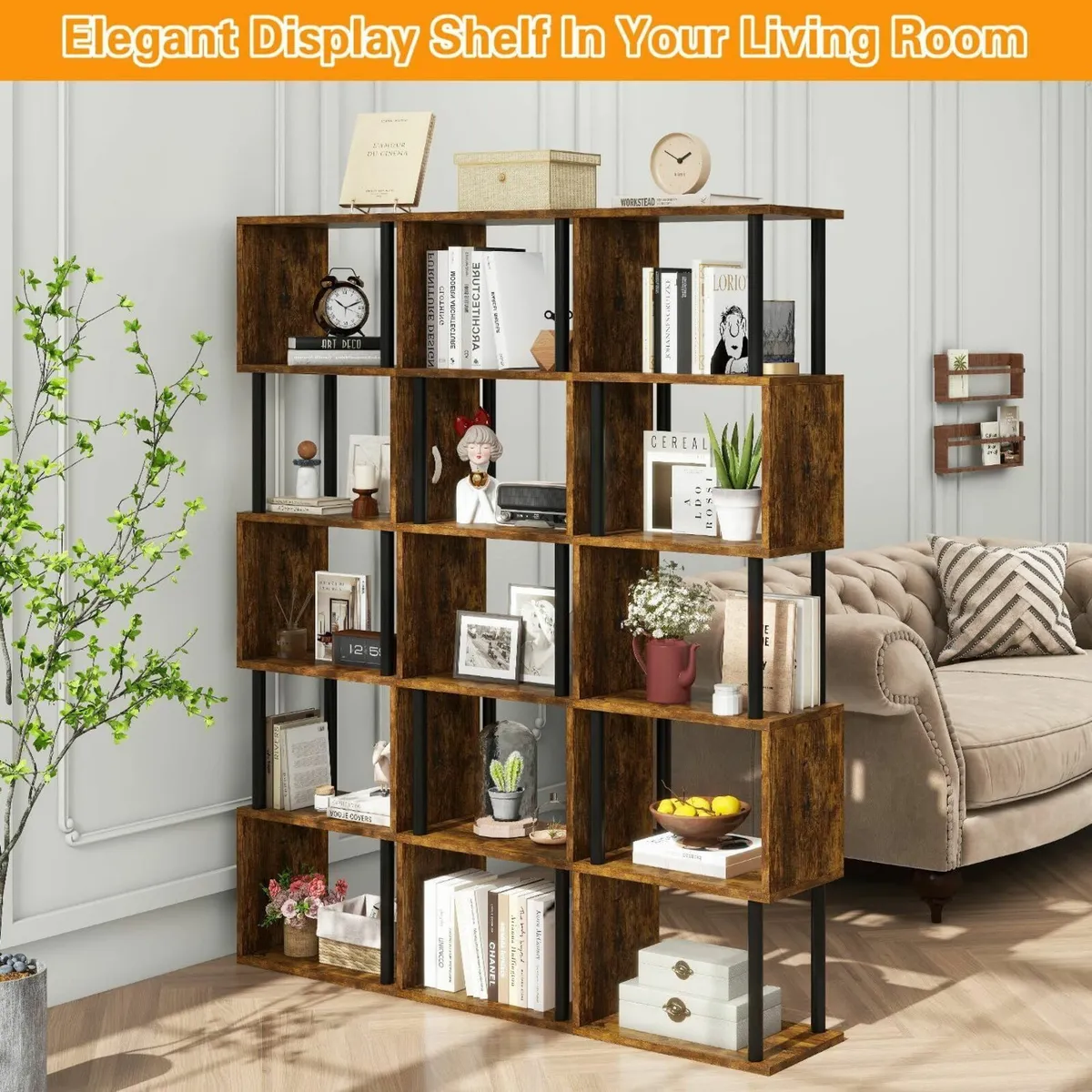 6-Tier Tall Bookshelf S-Shaped Geometric Bookcase - Image 4