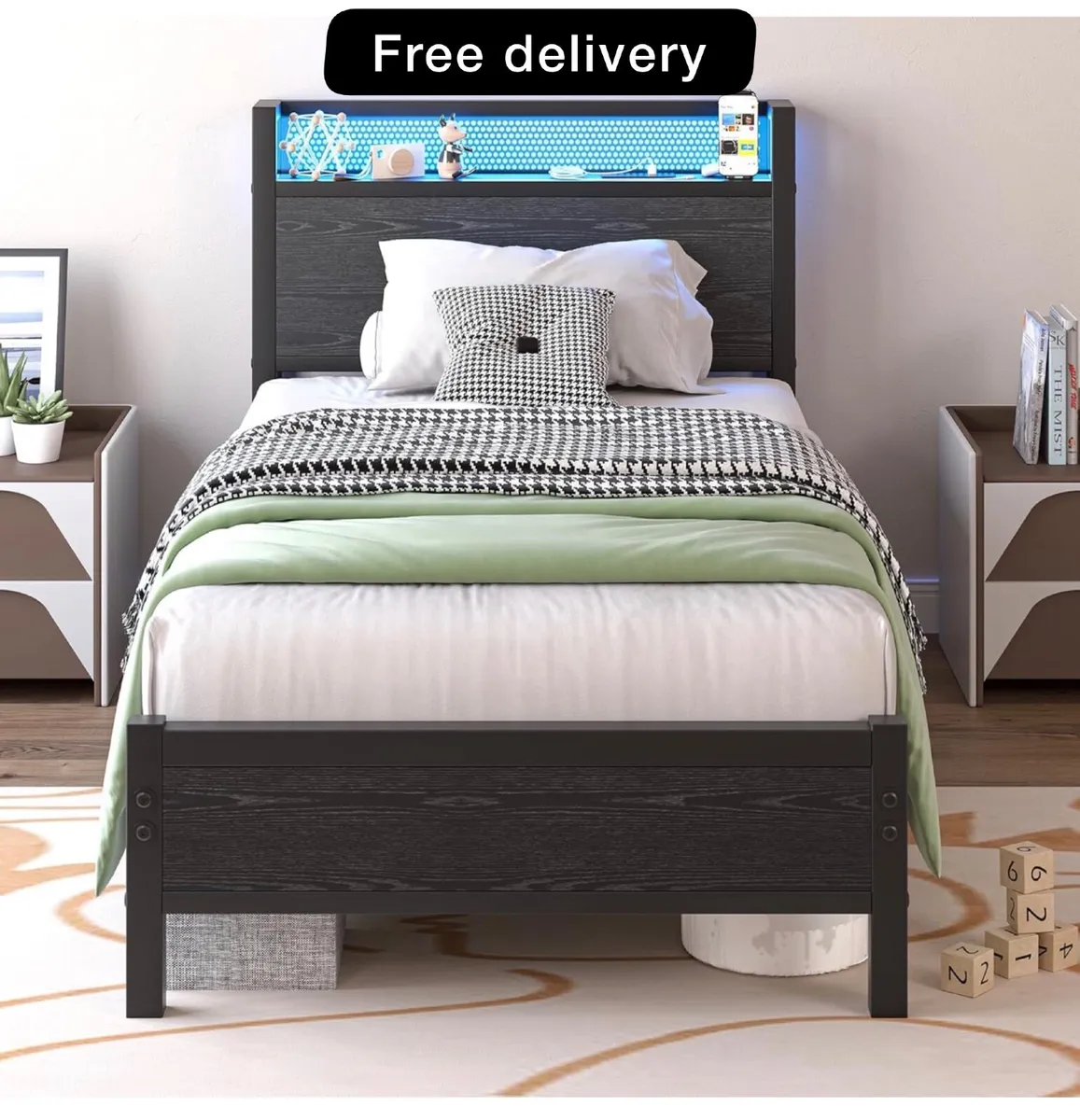 3ft Single Bed Frame with Storage Headboard Shelf, - Image 1