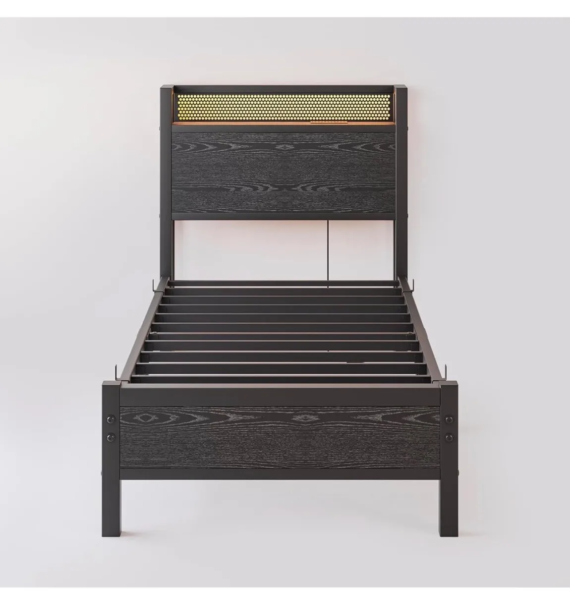3ft Single Bed Frame with Storage Headboard Shelf, - Image 2