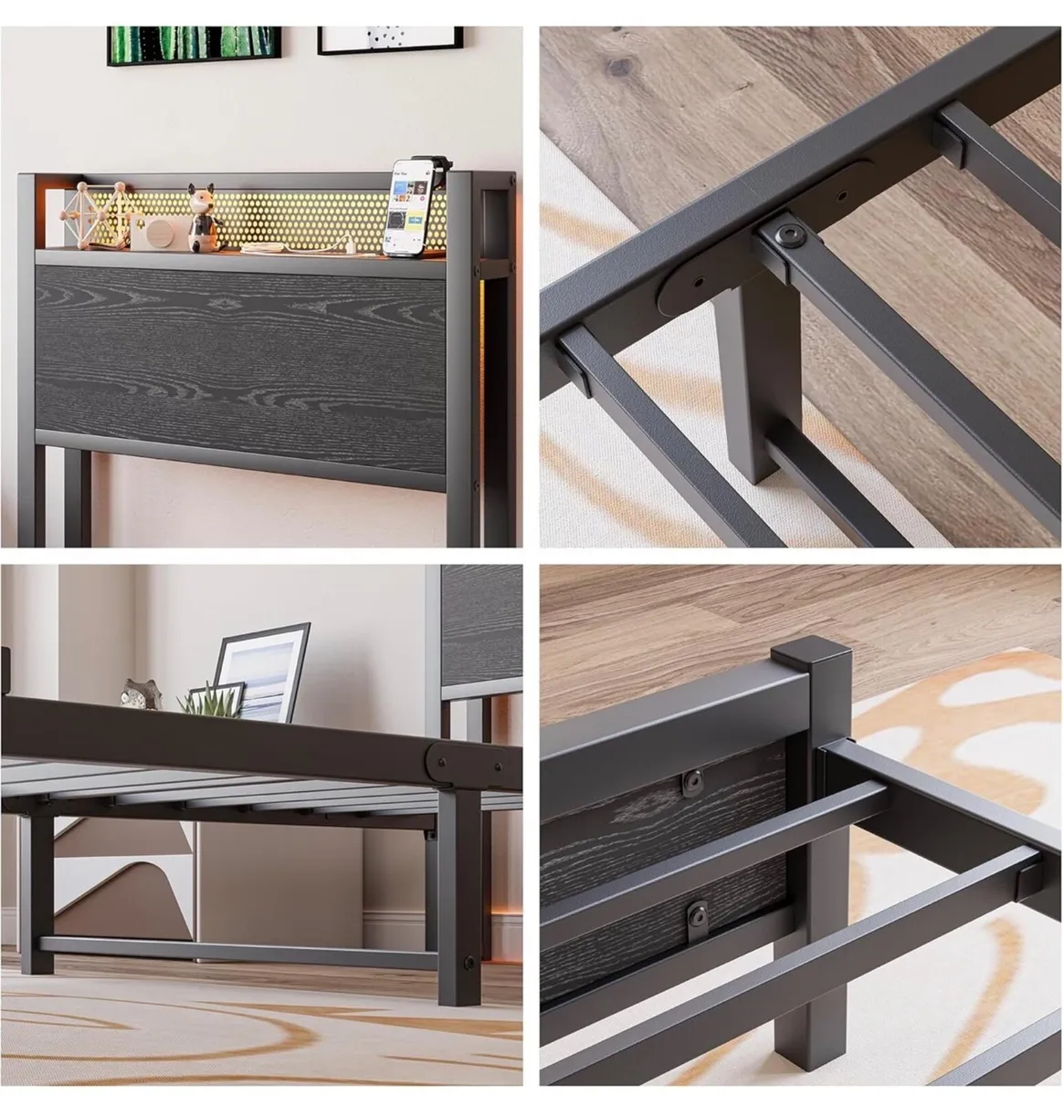 3ft Single Bed Frame with Storage Headboard Shelf, - Image 3