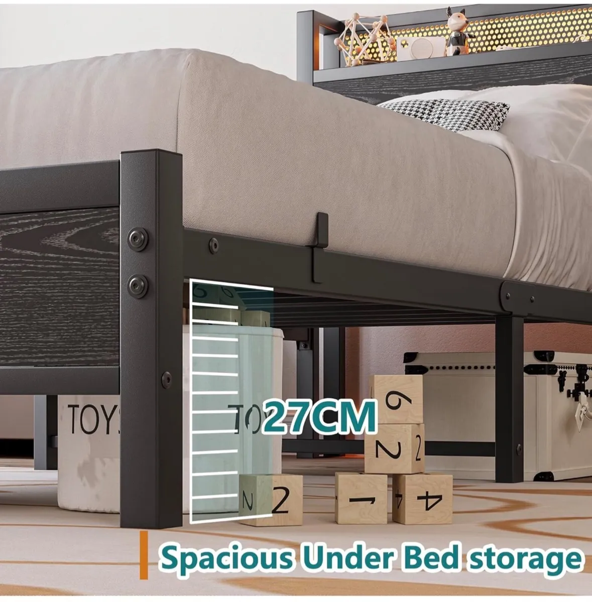 3ft Single Bed Frame with Storage Headboard Shelf, - Image 4