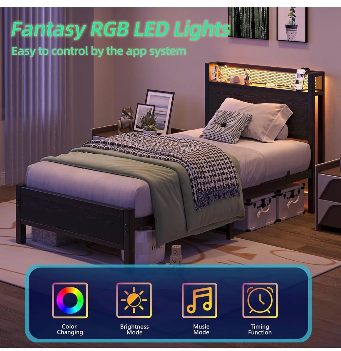 3ft Single Bed Frame with Storage Headboard Shelf, - Image 1