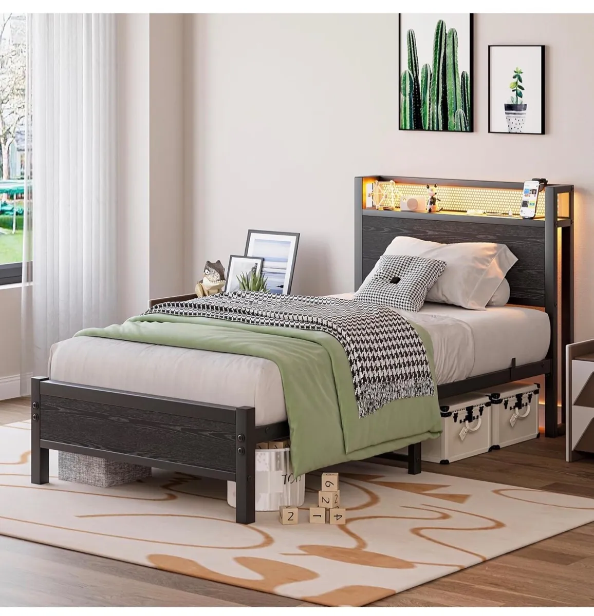 3ft Single Bed Frame with Storage Headboard Shelf, - Image 2