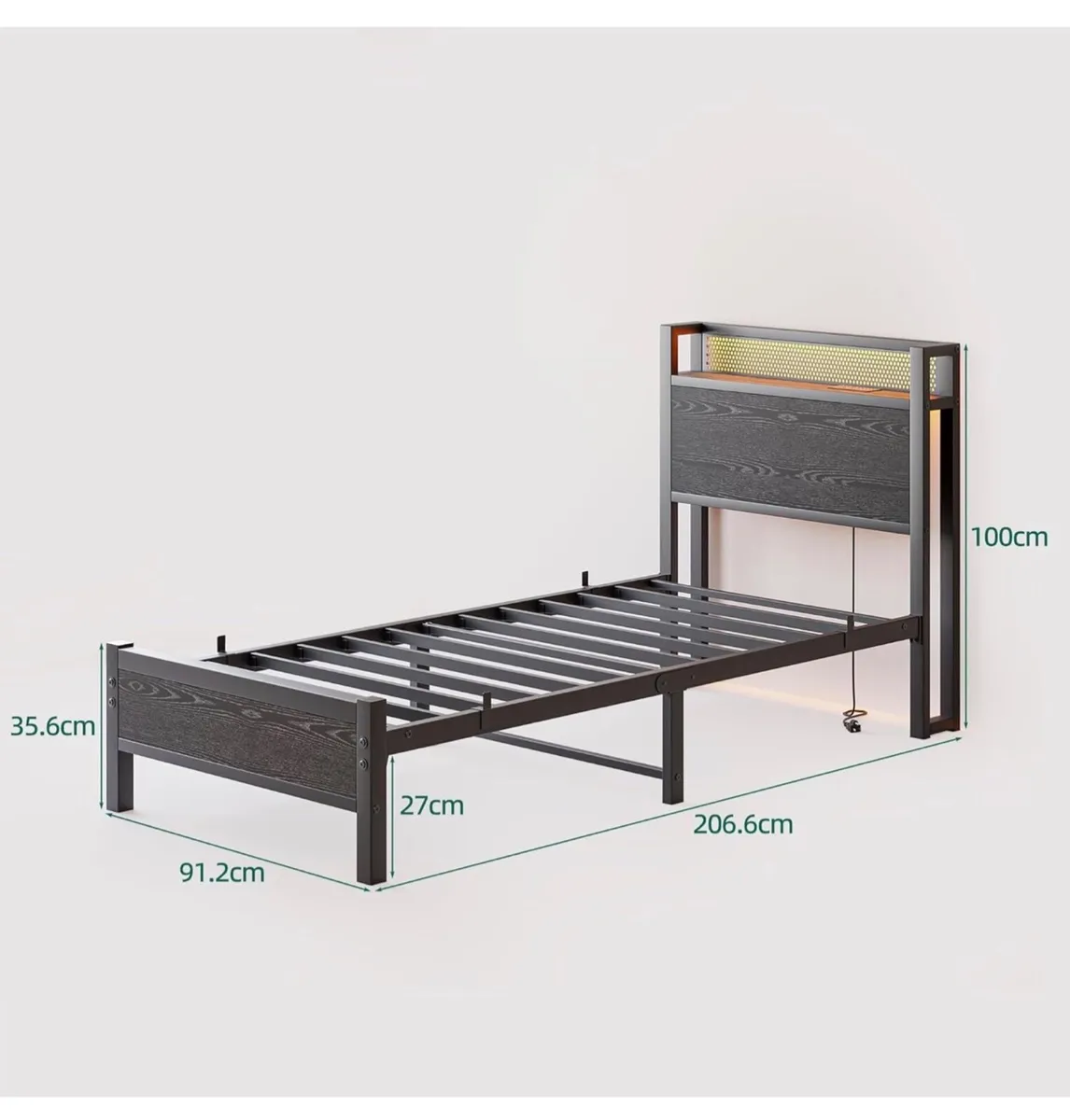3ft Single Bed Frame with Storage Headboard Shelf, - Image 3