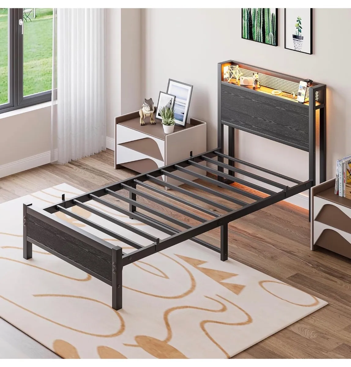 3ft Single Bed Frame with Storage Headboard Shelf, - Image 4