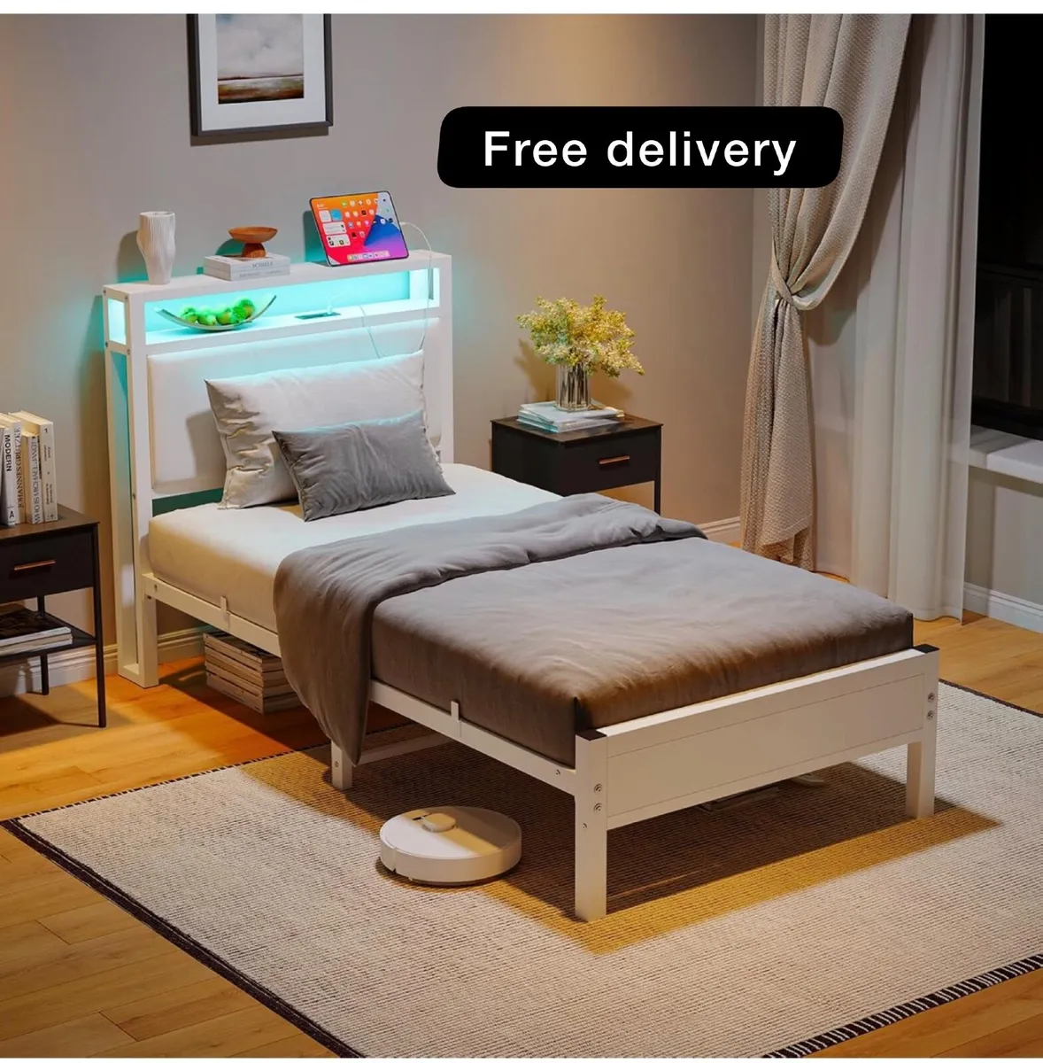 3FT Single Bed Frame with LED Lights and Charging - Image 1