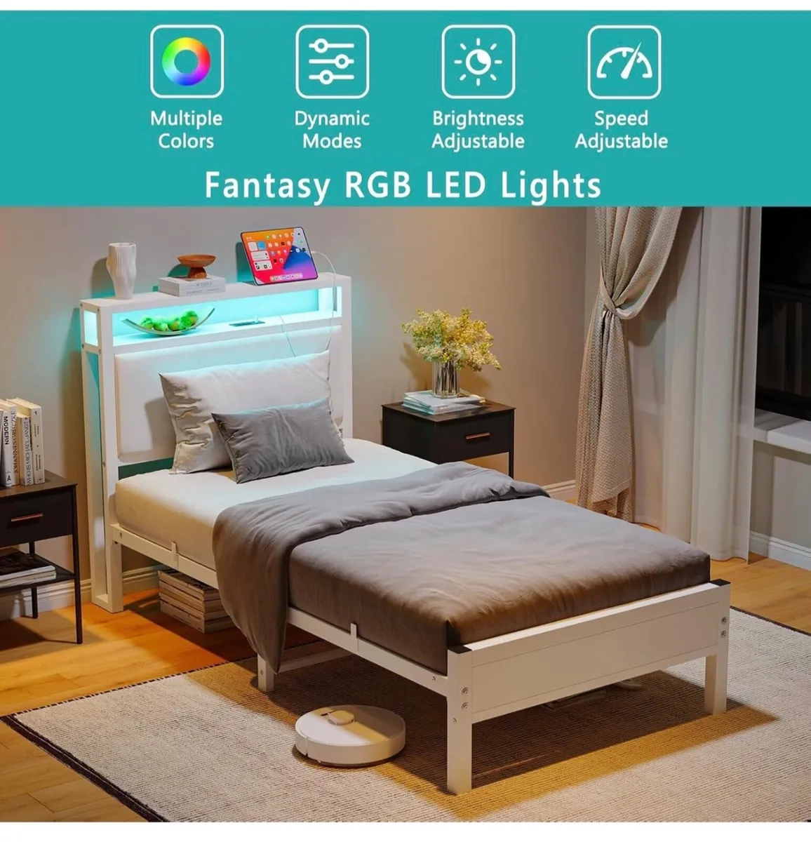3FT Single Bed Frame with LED Lights and Charging - Image 1