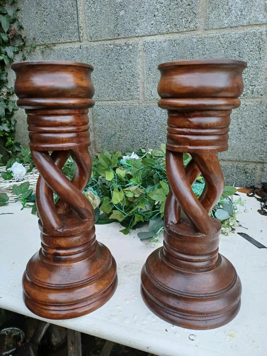 Antique Open Twist Handcarved Candlesticks - Image 1