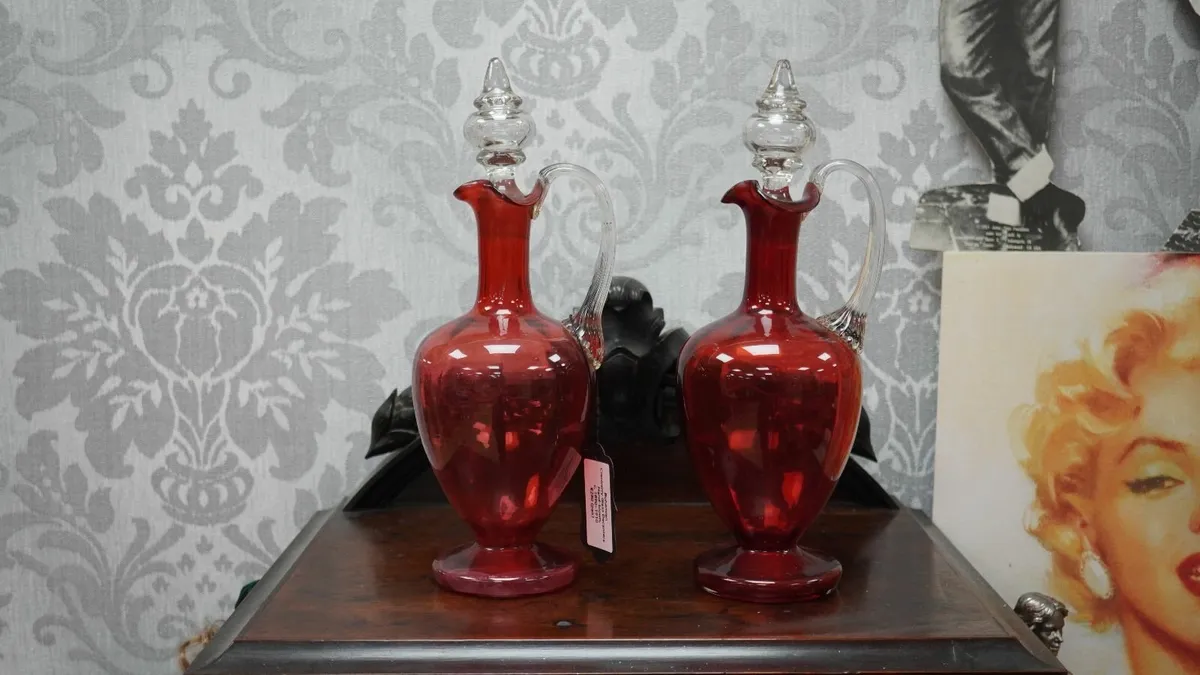 Victorian Bohemian Cranberry Glass Decanter Pair ( - Image 1