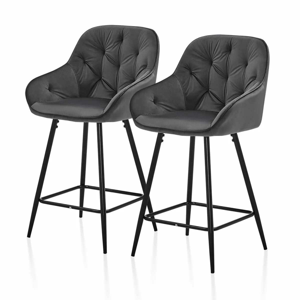 Bar Stools Set of 2 Grey Velvet Upholstered Chair - Image 1