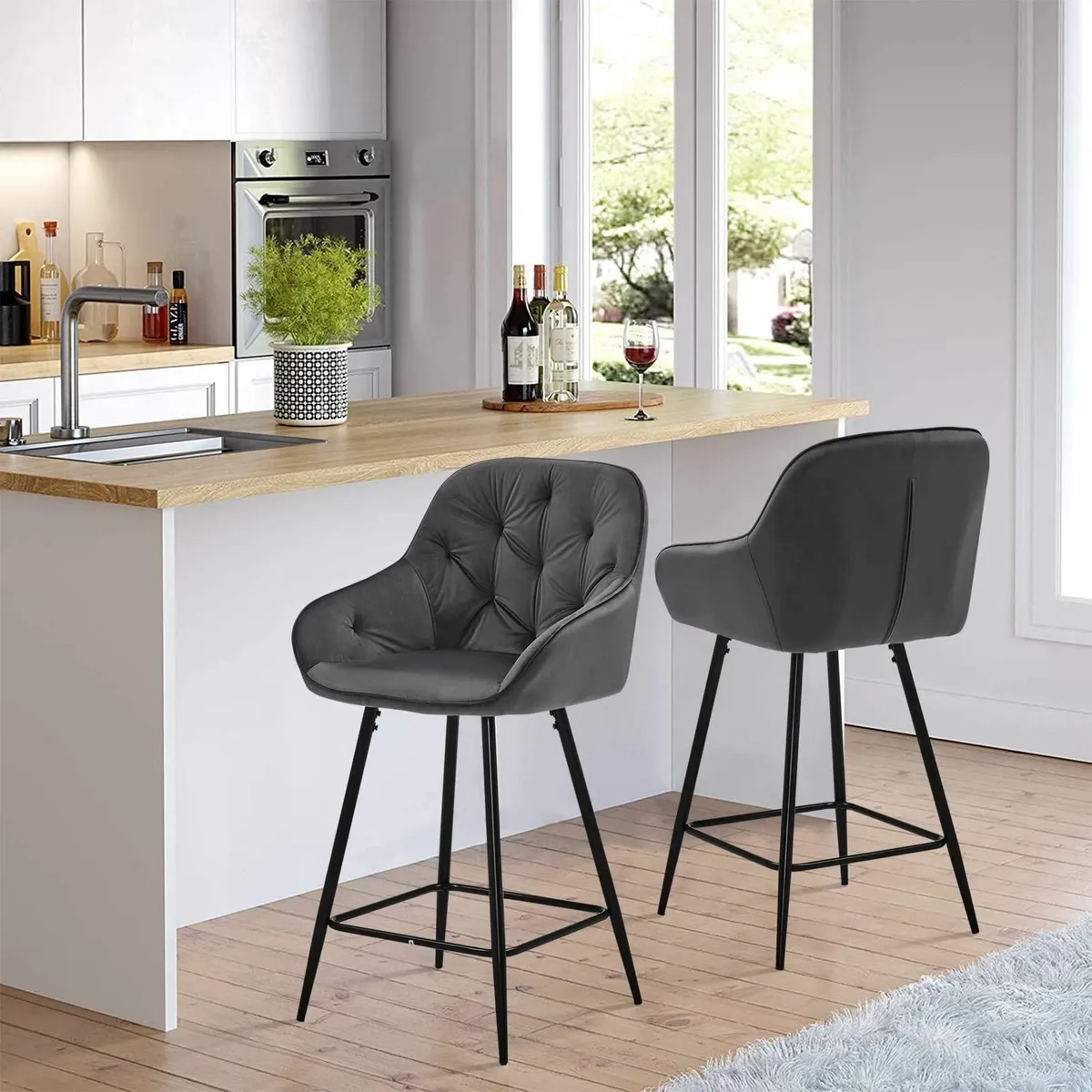 Bar Stools Set of 2 Grey Velvet Upholstered Chair - Image 2