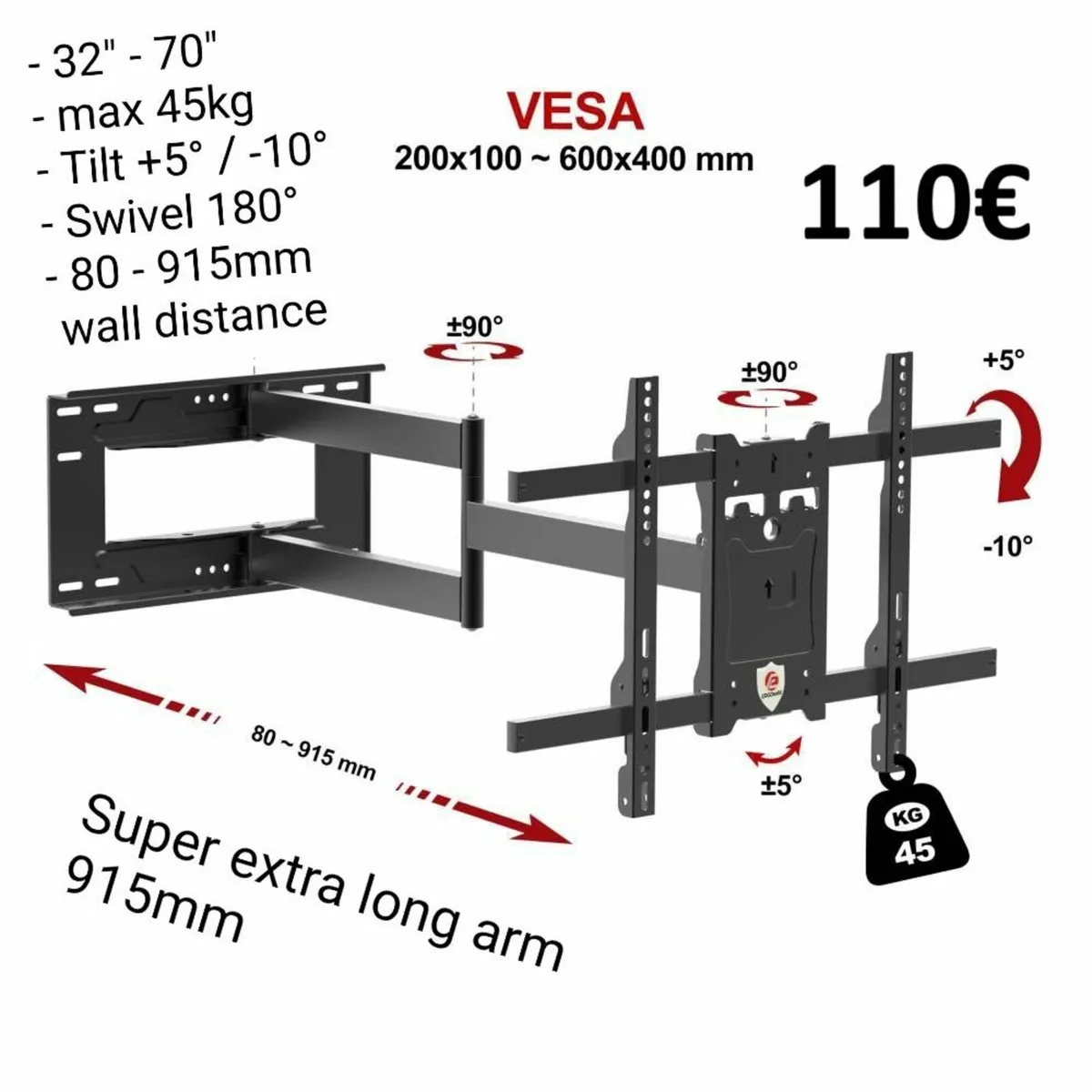 Tv Wall Mount Bracket Tilt Swivel Long Arm 32-70" - Image 1