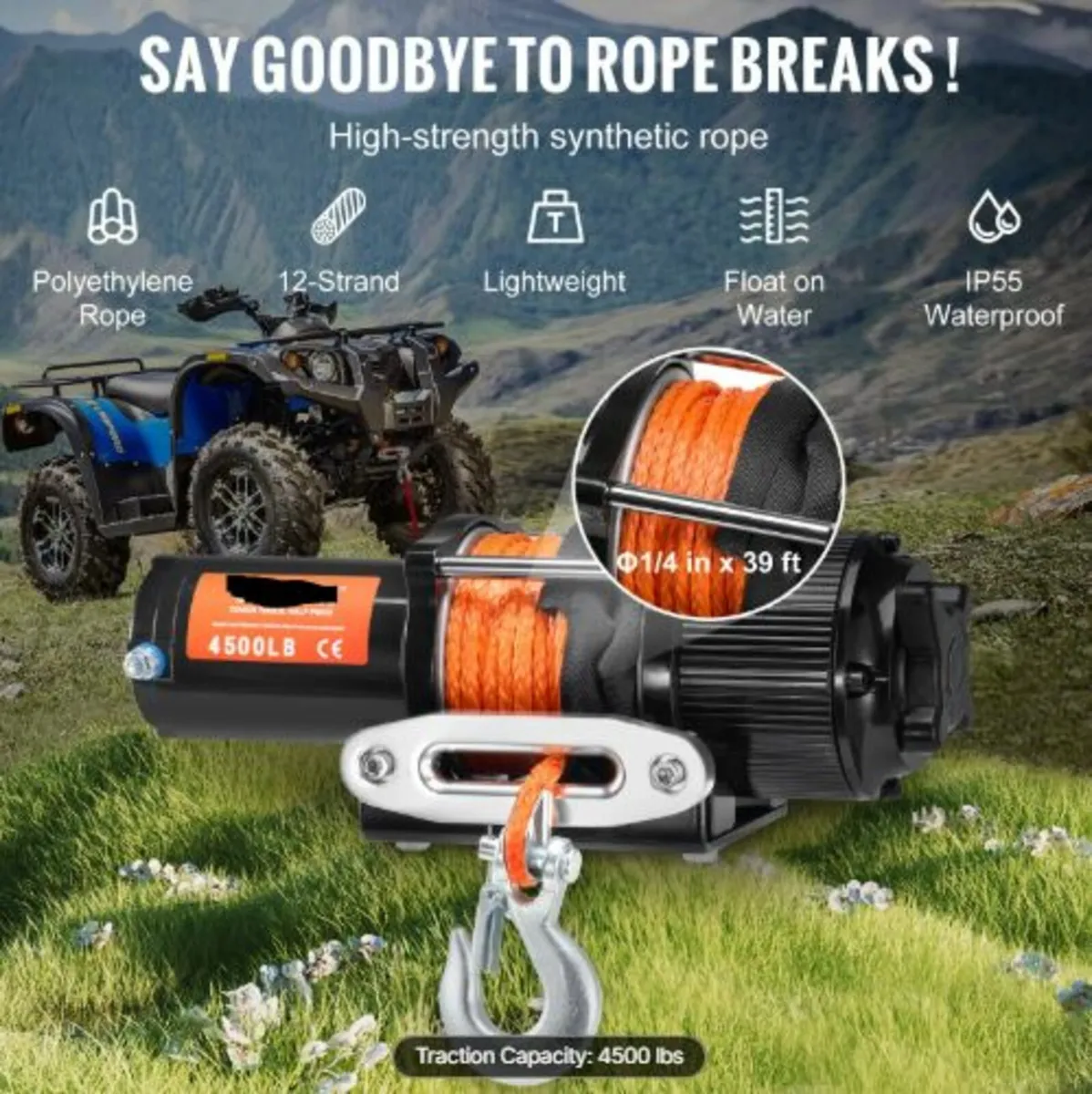 Electric Winch ATV UTV 2041.2 kg Synthetic Rope Wa - Image 3