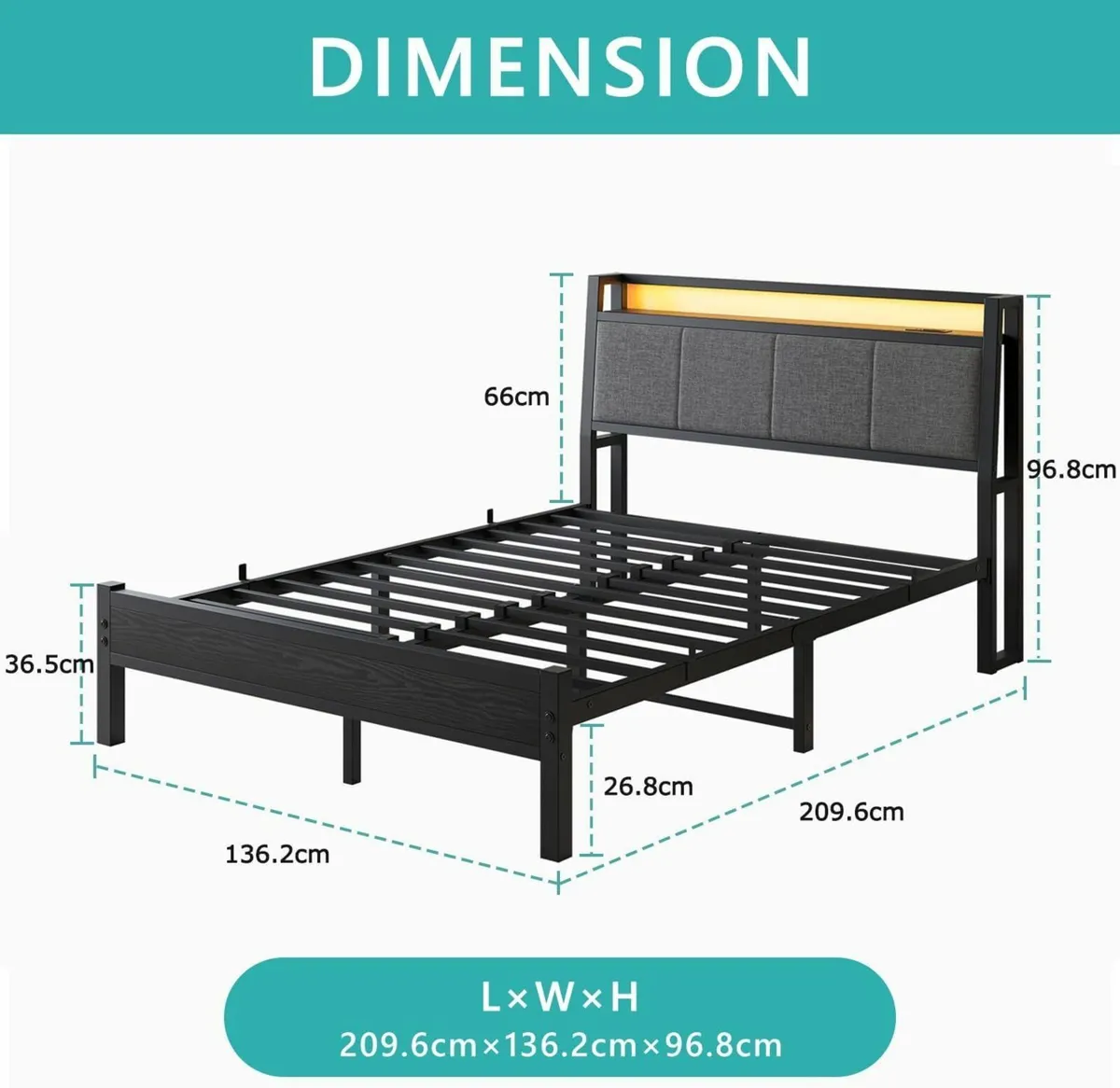 Double Bed Frame Charging Station 136x210cm - Image 2