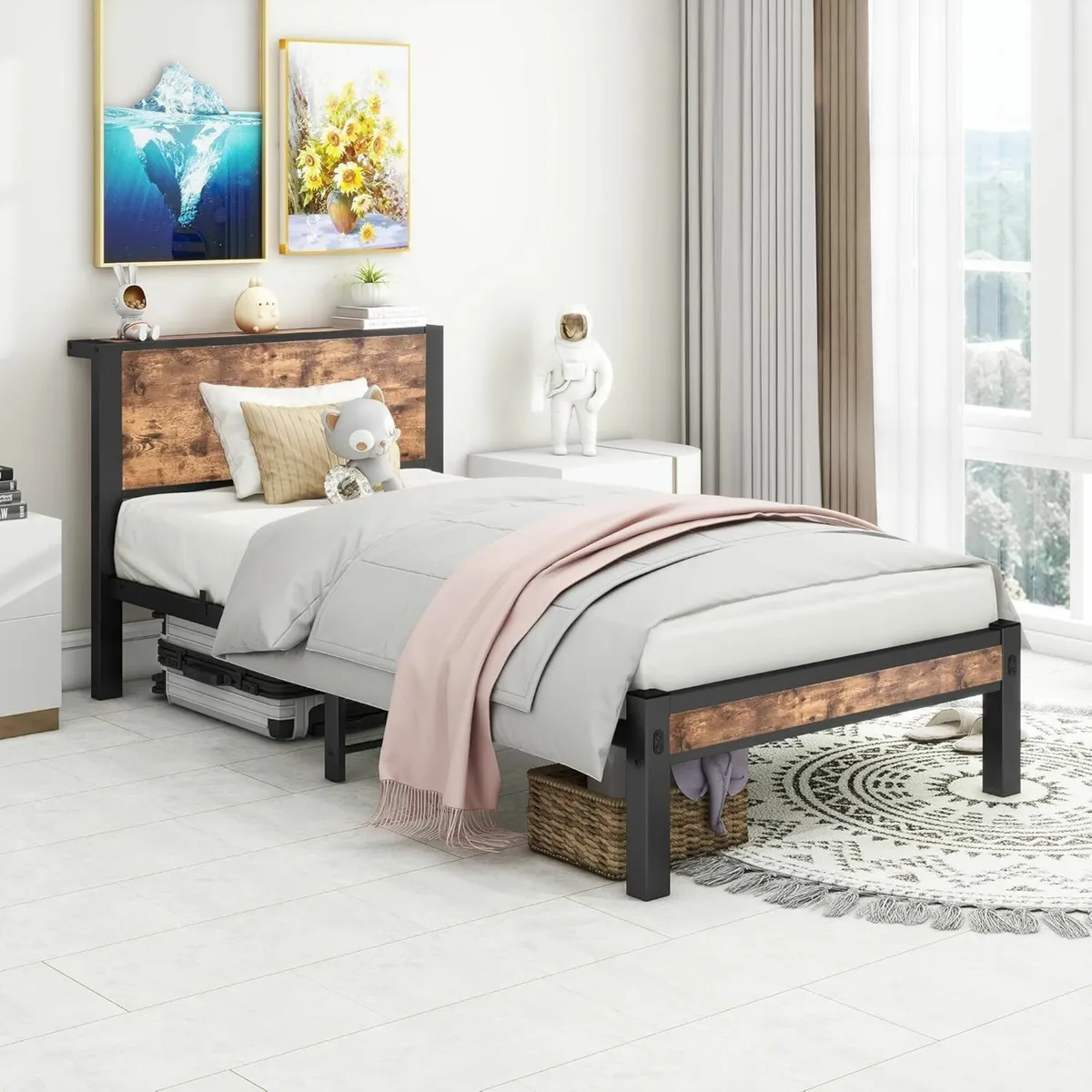 Single Bed Frame Wood Storage Headboard 90x196cm - Image 3