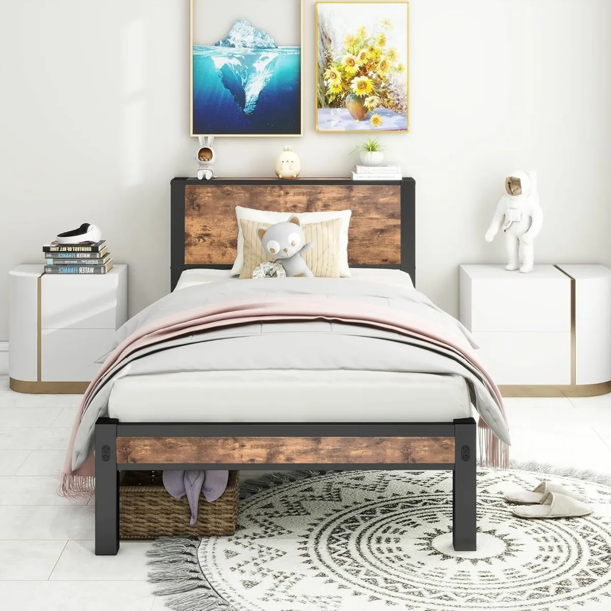 Single Bed Frame Wood Storage Headboard 90x196cm - Image 1