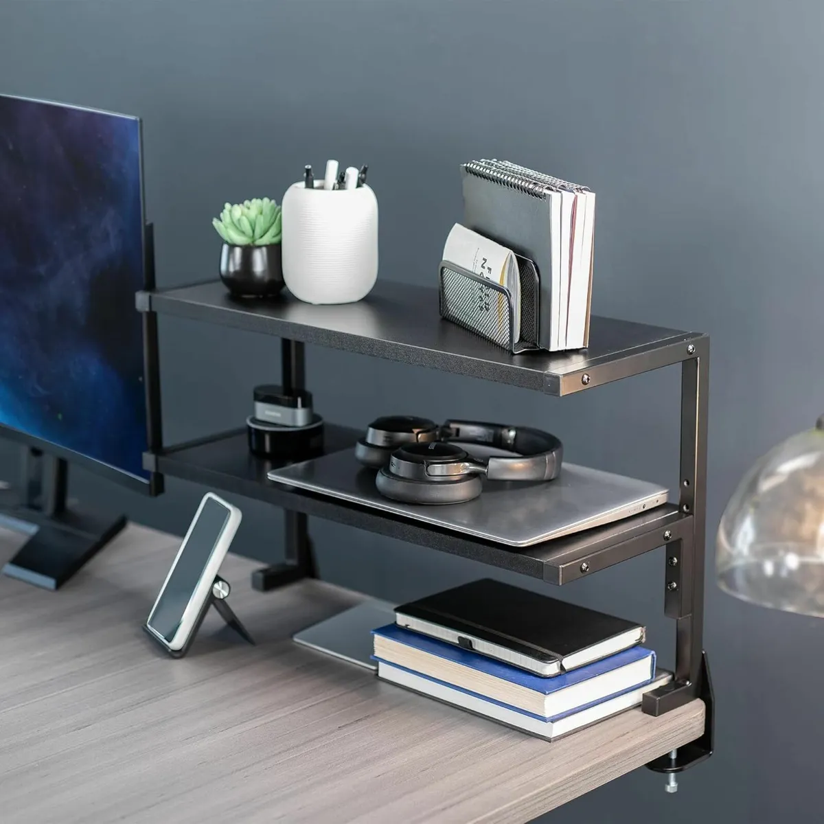 Clamp-on 61cm Above or Below Desk 2-Tier Shelving - Image 2