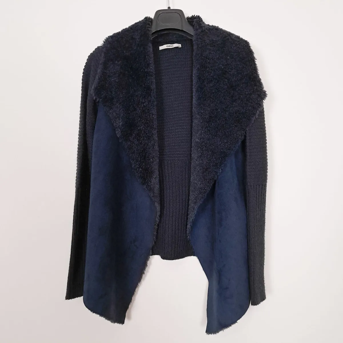 Oasis Navy Faux Fur Suede Knit Cardigan Size M - Image 1