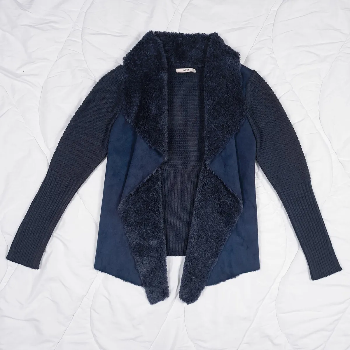 Oasis Navy Faux Fur Suede Knit Cardigan Size M - Image 3