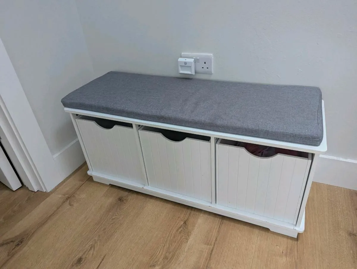 White Drawer Storage Bench / Seat with Cushion - Image 1