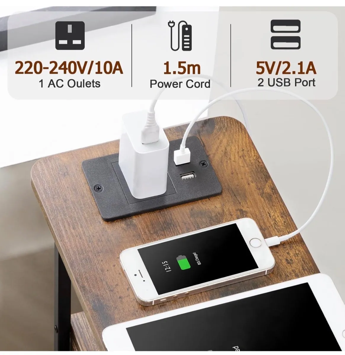 Slim Bedside Table Set of 2 with Charging Station - Image 4