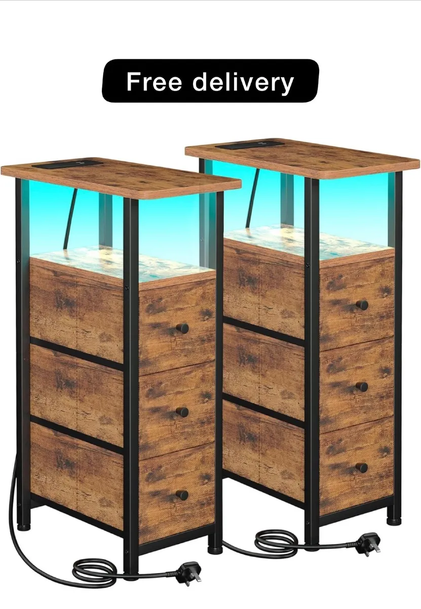 Slim Bedside Table Set of 2 with Charging Station - Image 1