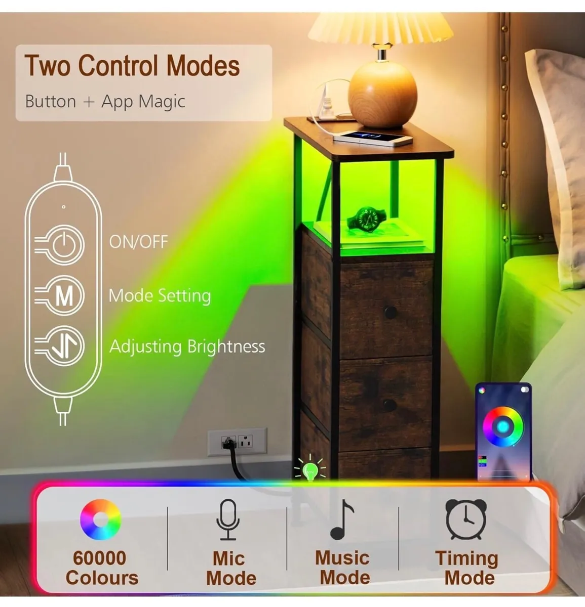 Slim Bedside Table Set of 2 with Charging Station - Image 1