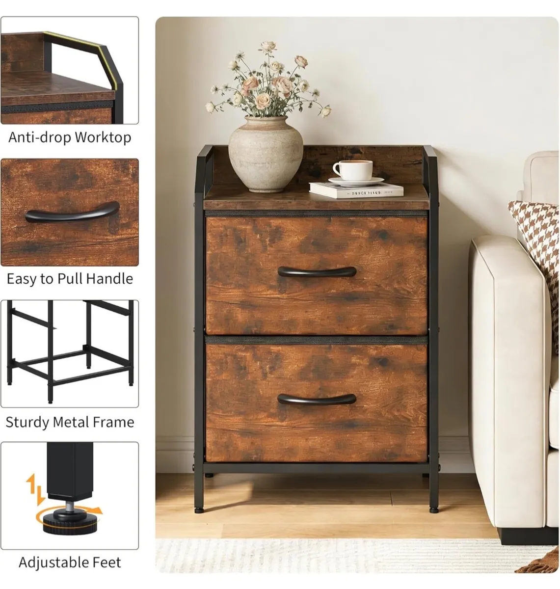 Bedside Table with 2 Storage Fabric Drawers - Image 3