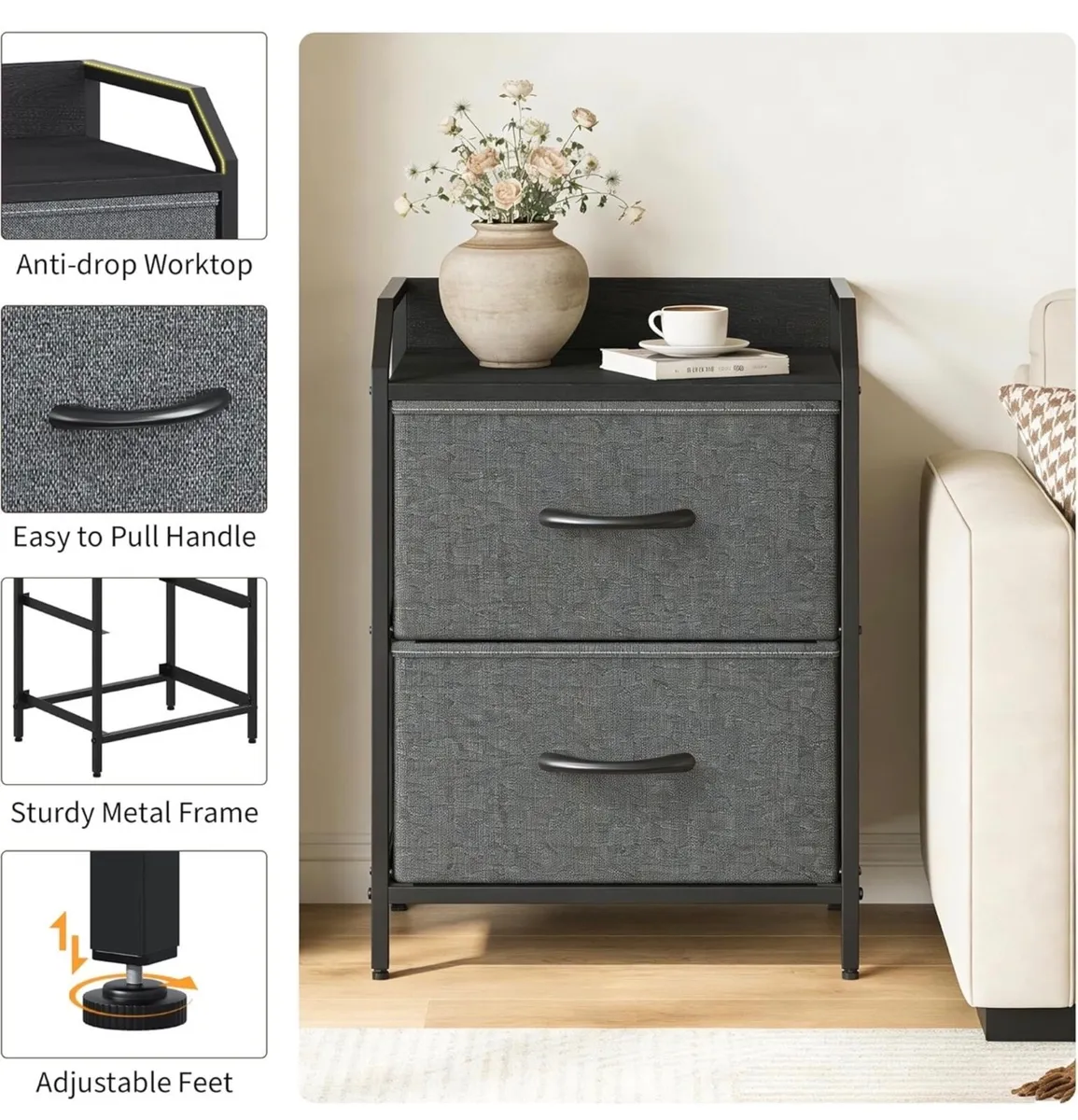 Bedside Table with 2 Storage Fabric Drawers - Image 2