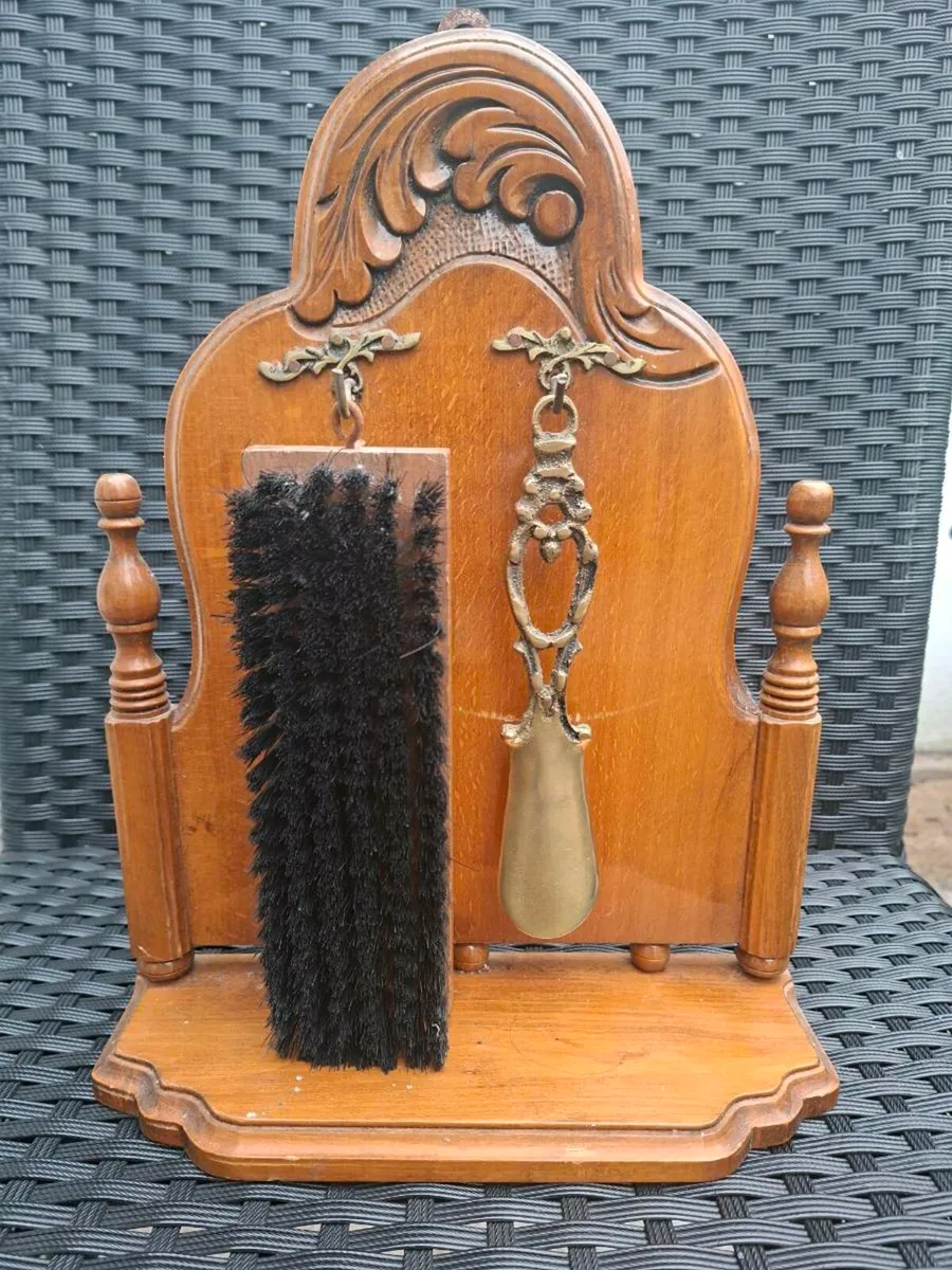 Antique Brass/Wood Shoe Horn & Brush Stand Set - Image 1