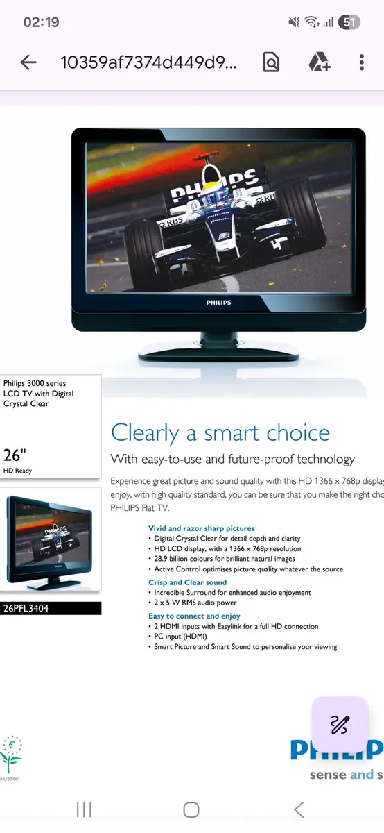 Philips LCD TV, 26", With Digital Crystal Clear. - Image 1