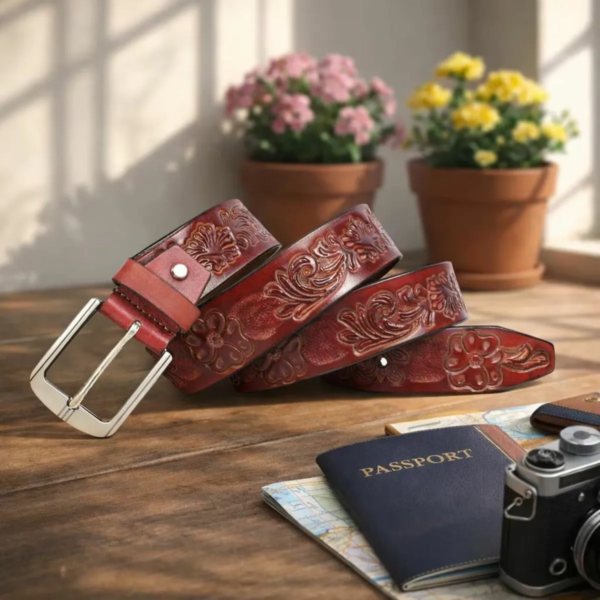 Handcrafted Floral Embossed Leather Belt - Image 1