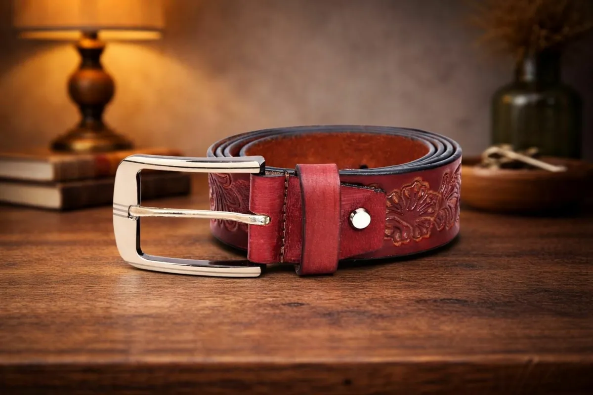 Handcrafted Floral Embossed Leather Belt - Image 3