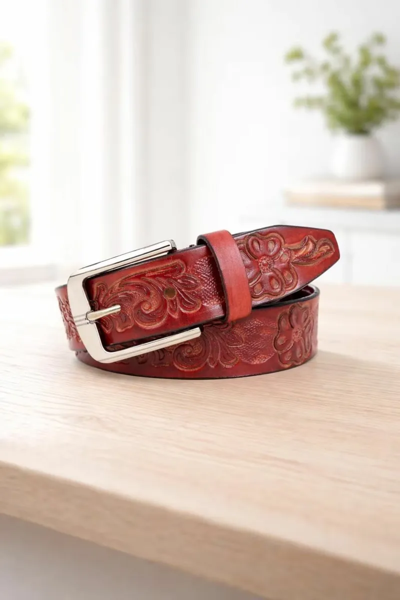 Handcrafted Floral Embossed Leather Belt - Image 4