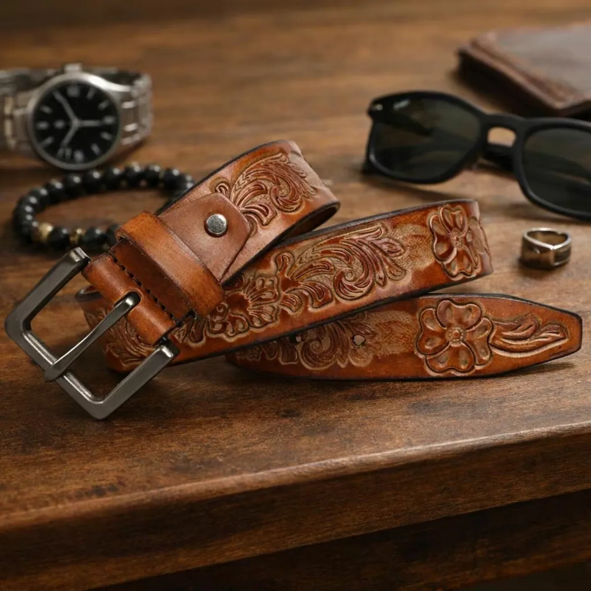 Handmade Western Tooled Leather Belt - Image 1