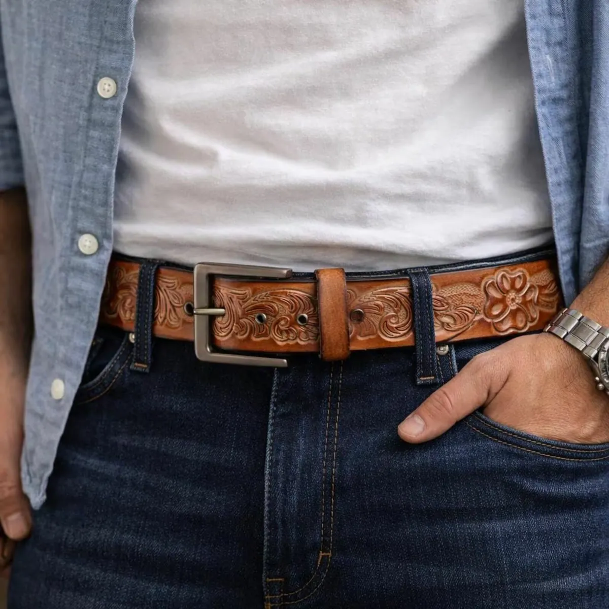 Handmade Western Tooled Leather Belt - Image 2