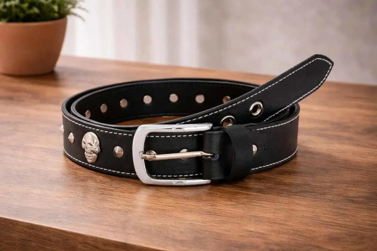 Genuine Leather Punk Belt with Metal Skull & Studs - Image 1