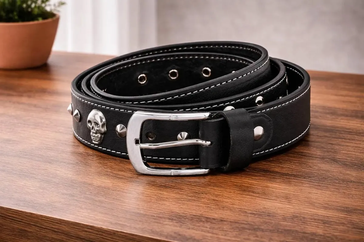 Genuine Leather Punk Belt with Metal Skull & Studs - Image 2