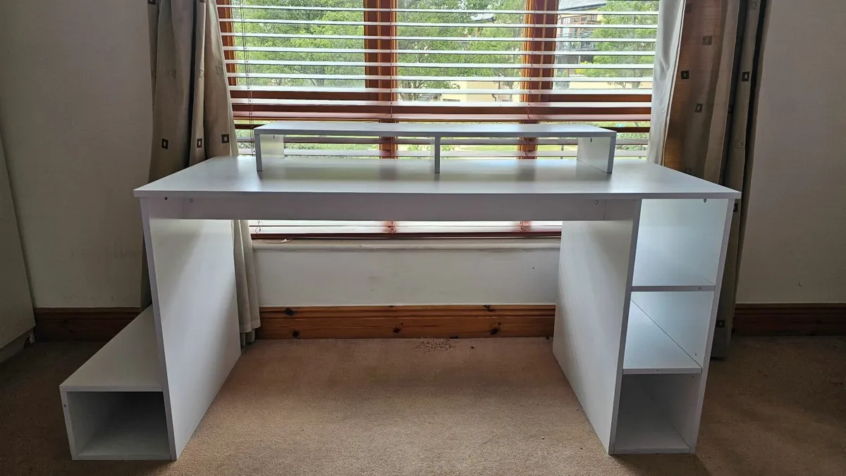 Modern White Home Office Desk with Built-in Riser - Image 1