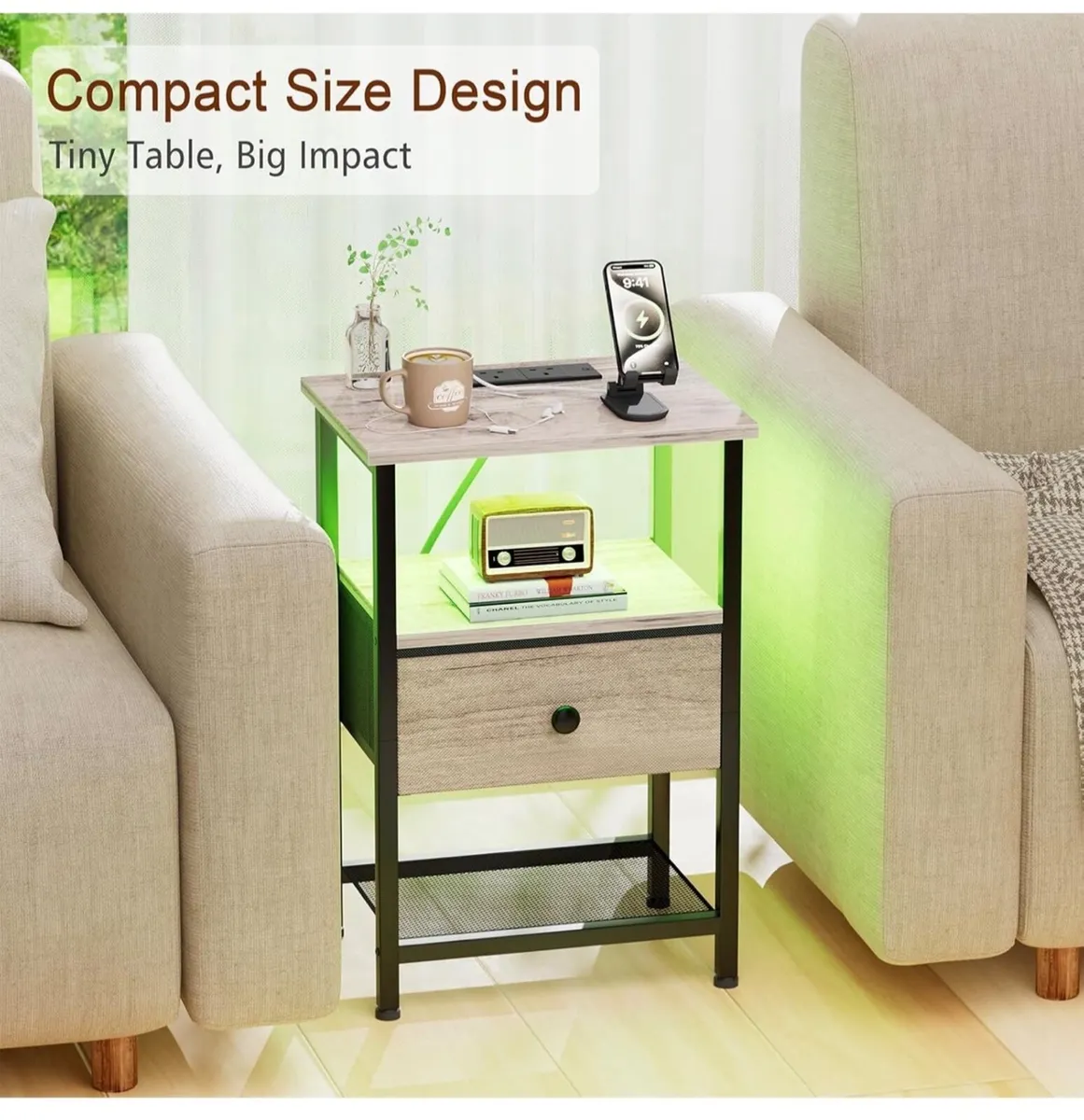 Bedside Table with Charging Station, Small Sofa Si - Image 3