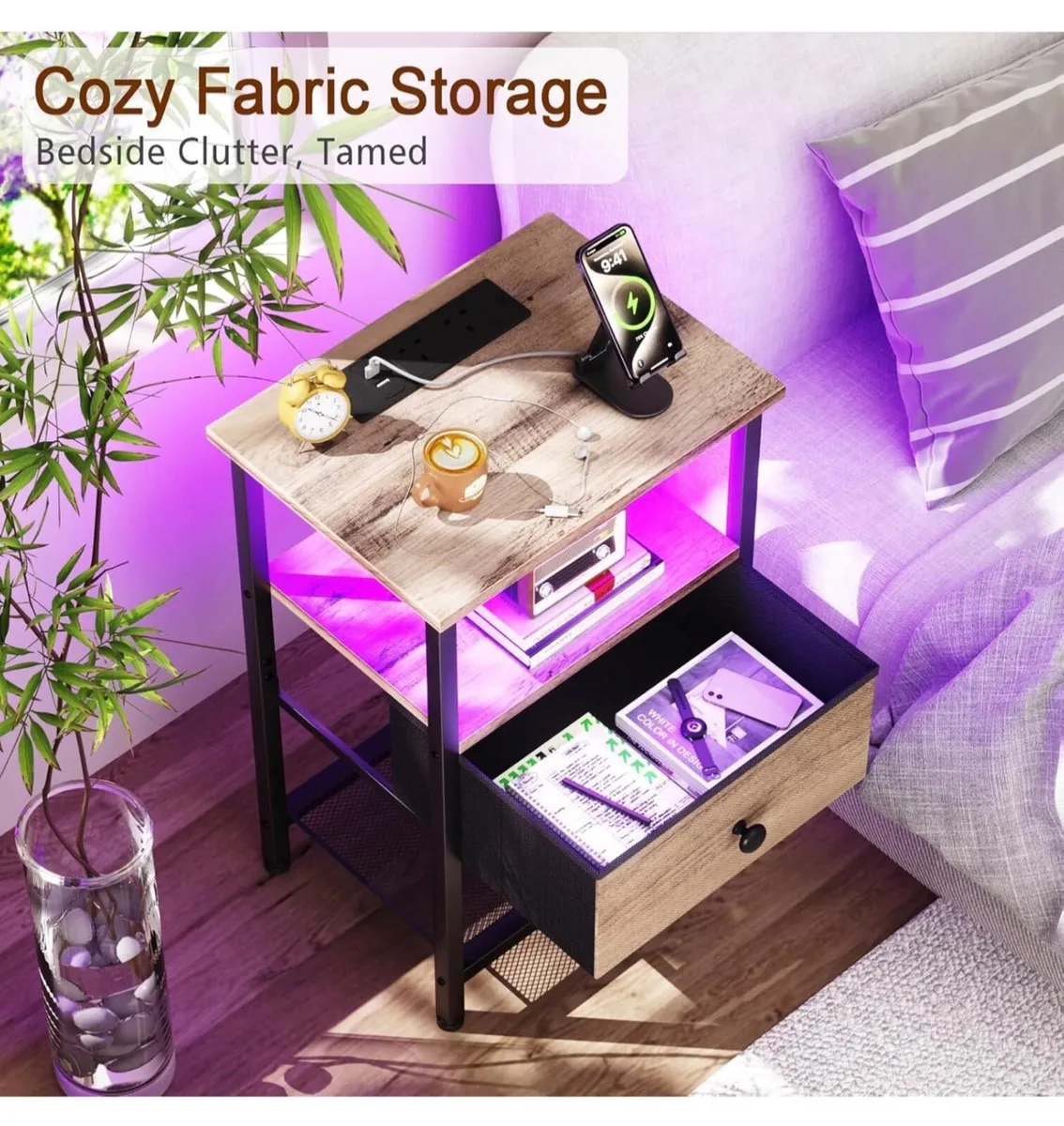 Bedside Table with Charging Station, Small Sofa Si - Image 4