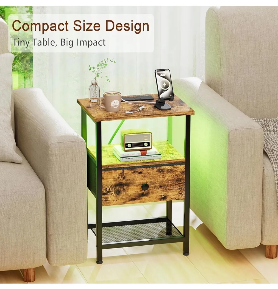 Bedside Table with Charging Station, Small Sofa Si - Image 2