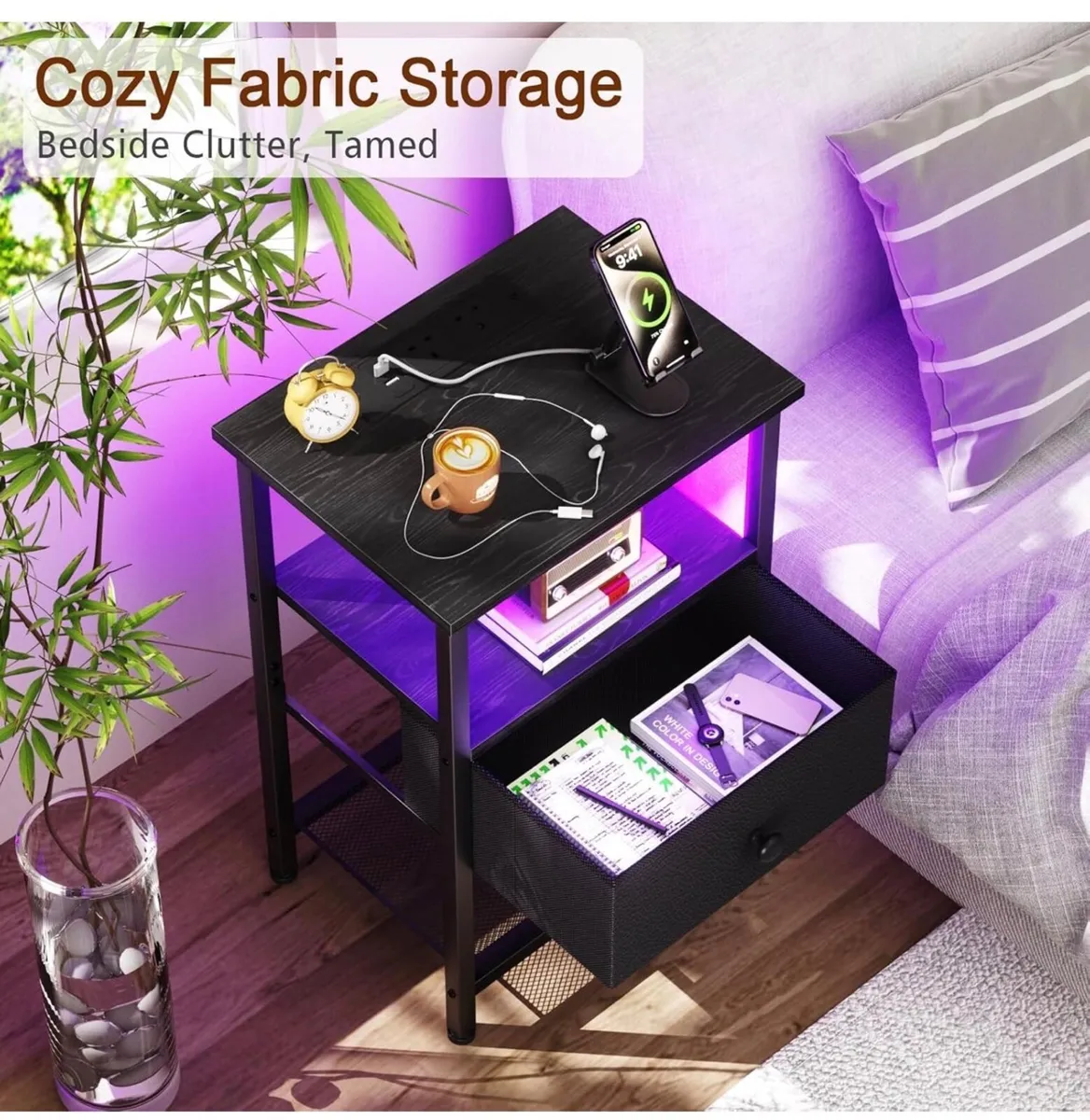 Bedside Table with Charging Station, Small Sofa Si - Image 3