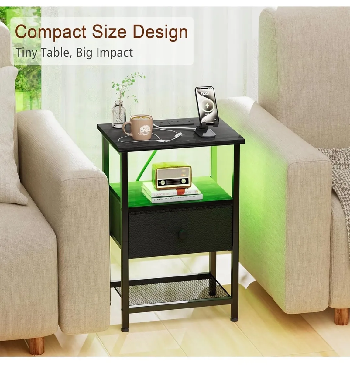 Bedside Table with Charging Station, Small Sofa Si - Image 2