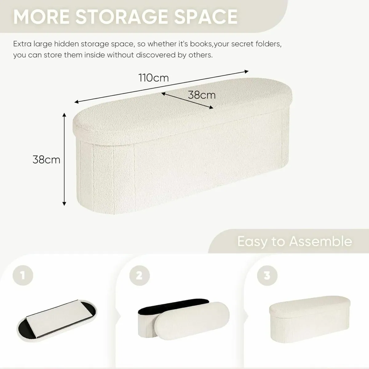 Folding Ottoman Storage Bench Boucle Footstool - Image 3