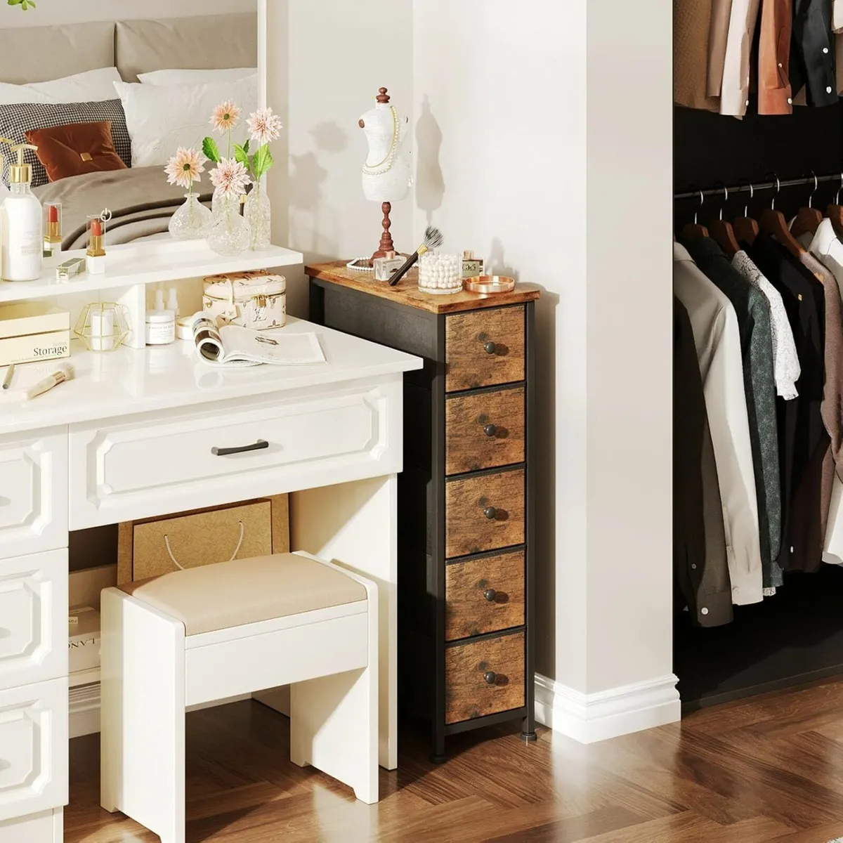 Narrow Chest of Drawers 5 Drawer Dresser Fabric - Image 2