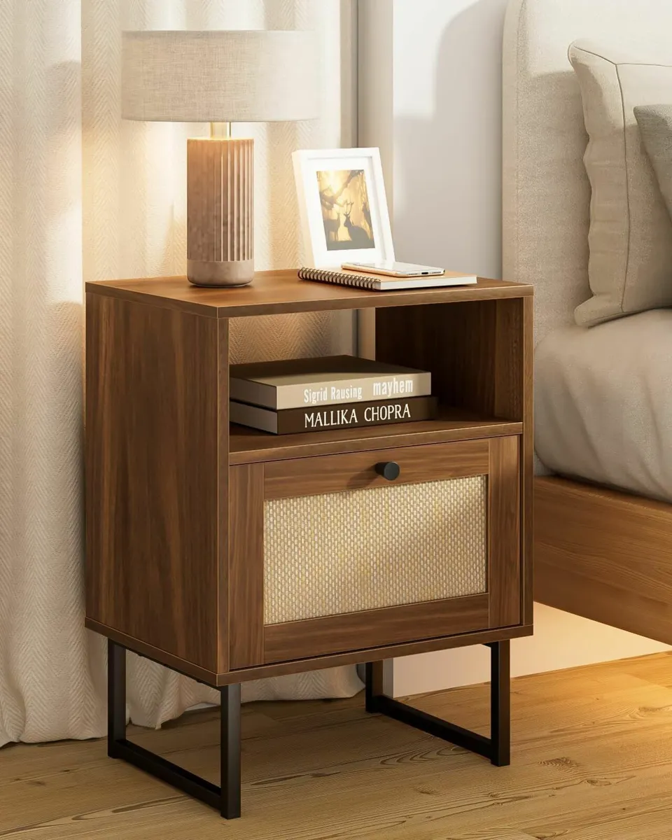Rattan Bedside Table Modern Boho Farmhouse Wood - Image 1