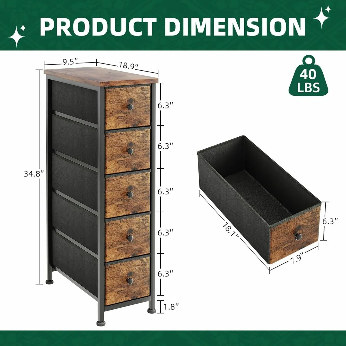 Narrow Chest of Drawers 5 Drawer Dresser Fabric - Image 3