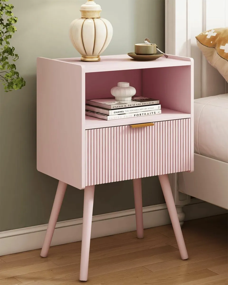 Modern Bedside Table with Storage Drawer and Open - Image 1